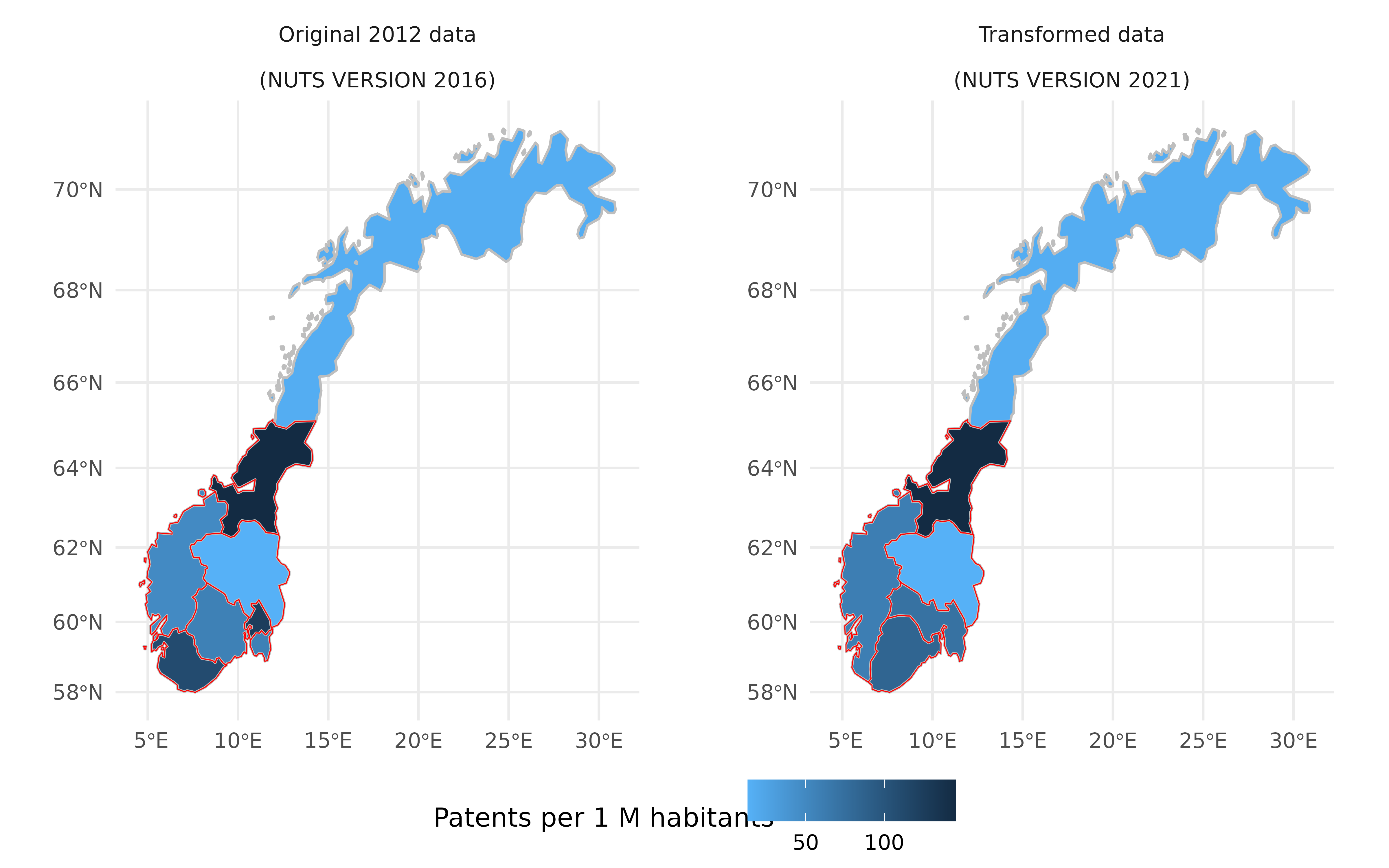 Two maps of patents per 1M habitants in Norwegian NUTS 2 regions in NUTS version 2016 and converted to NUTS version 2021