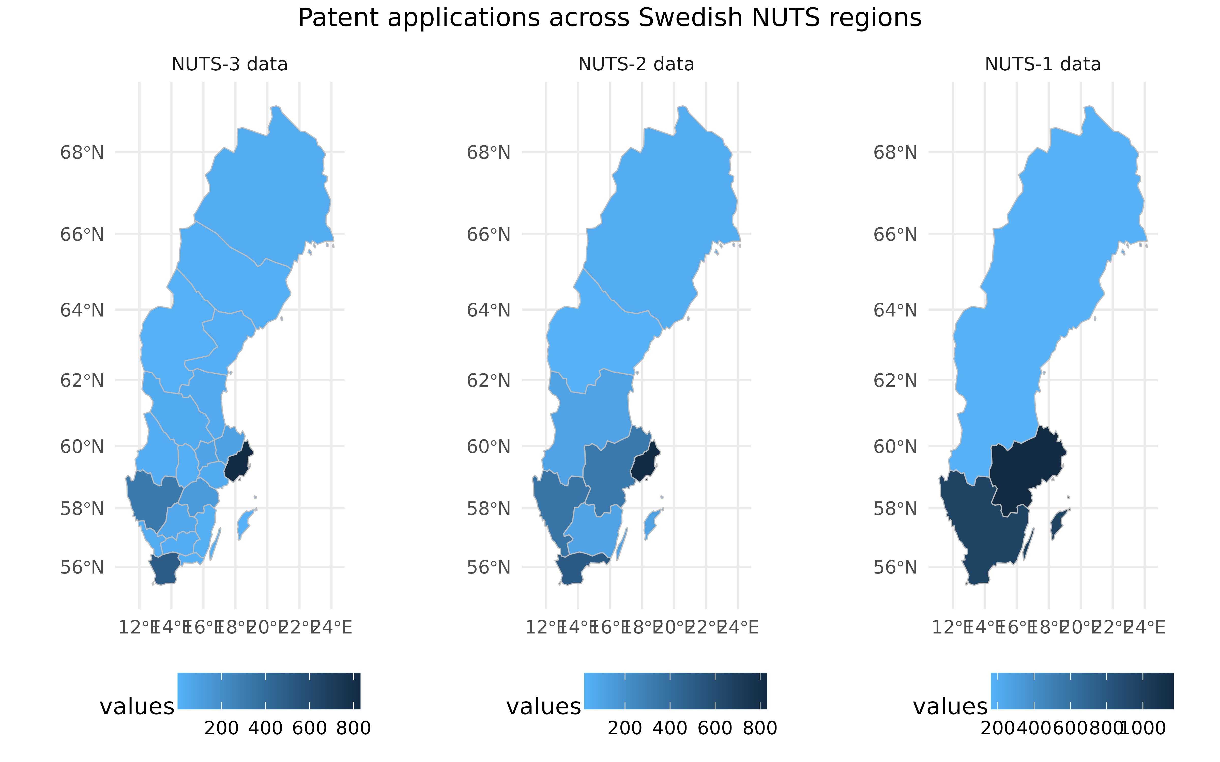 Three maps of Sweden with patent applications at the NUTS 3 level and aggregated to NUTS level 2 and 1.